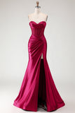 Sweetheart Burgundy Mermaid Beaded Corset Plus Size Long Prom Dress with Slit