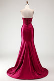 Burgundy Mermaid Sweetheart Beaded Corset Ruched Long Prom Dress with Slit