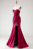Burgundy Mermaid Sweetheart Beaded Corset Ruched Long Prom Dress with Slit