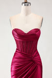 Burgundy Mermaid Sweetheart Beaded Corset Ruched Long Prom Dress with Slit