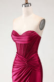 Burgundy Mermaid Sweetheart Beaded Corset Ruched Long Prom Dress with Slit