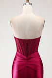 Burgundy Mermaid Sweetheart Beaded Corset Ruched Long Prom Dress with Slit