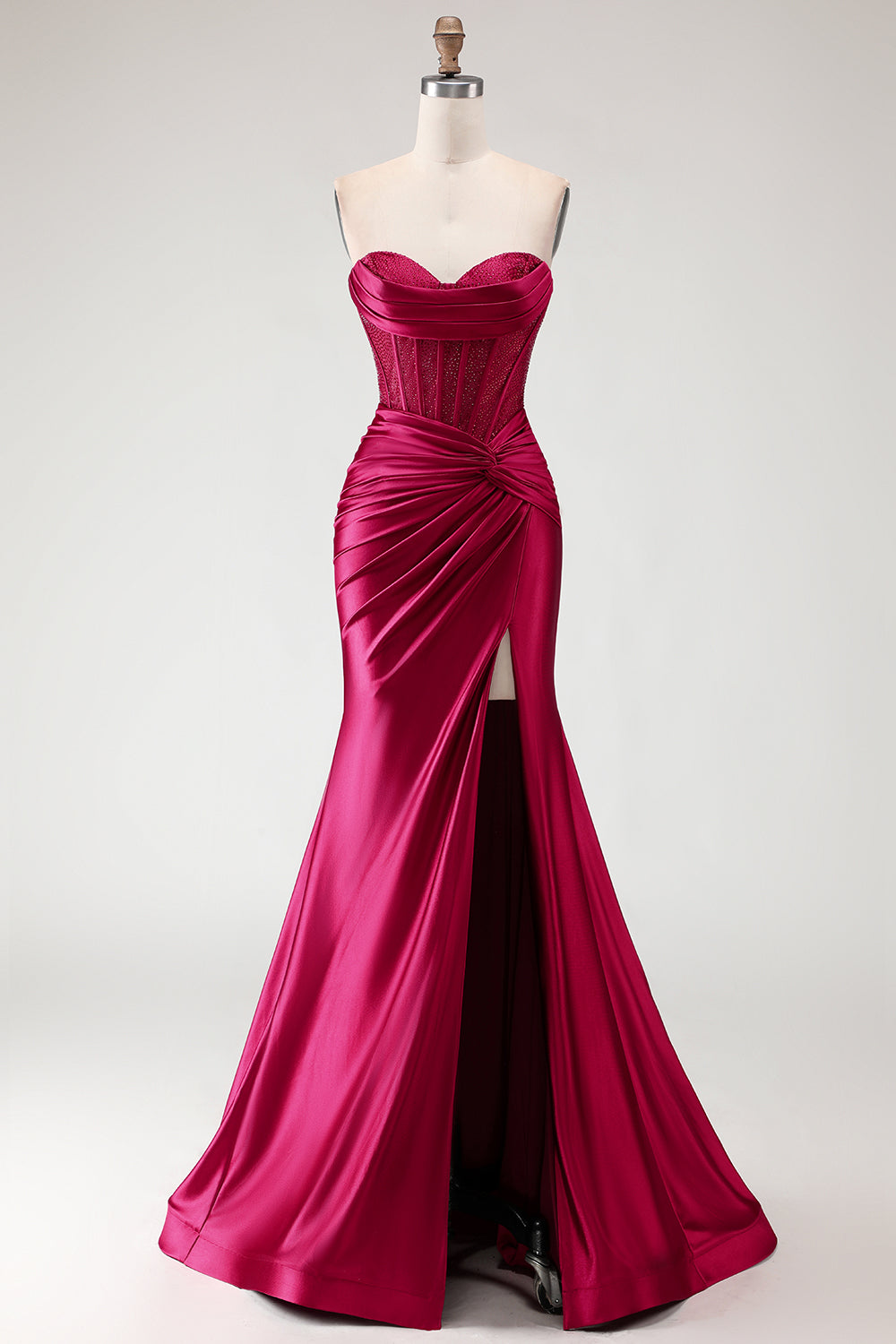 Zapaka Women Burgundy Mermaid Long Prom Dress Beaded Sweetheart Corset Satin Ruched Formal Dress with Slit ZAPAKA Zapaka Women Burgundy Mermaid Long Prom Dress Beaded Sweetheart Corset Satin Ruched Formal Dress with Slit ZAPAKA