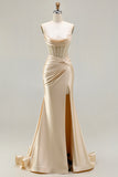 Champagne Sweetheart Beaded Mermaid Corset Ruched Long Prom Dress with Slit