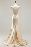 Champagne Sweetheart Beaded Mermaid Corset Ruched Long Prom Dress with Slit