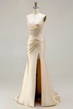 Champagne Sweetheart Beaded Mermaid Corset Ruched Long Prom Dress with Slit