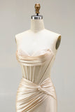 Champagne Sweetheart Beaded Mermaid Corset Ruched Long Prom Dress with Slit