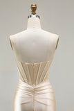 Champagne Sweetheart Beaded Mermaid Corset Ruched Long Prom Dress with Slit