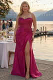 Sweetheart Burgundy Mermaid Beaded Corset Plus Size Long Prom Dress with Slit