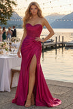 Burgundy Mermaid Sweetheart Beaded Corset Ruched Long Prom Dress with Slit