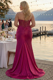 Sweetheart Burgundy Mermaid Beaded Corset Plus Size Long Prom Dress with Slit