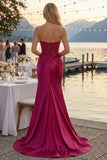 Burgundy Mermaid Sweetheart Beaded Corset Ruched Long Prom Dress with Slit