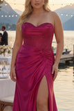 Sweetheart Burgundy Mermaid Beaded Corset Plus Size Long Prom Dress with Slit