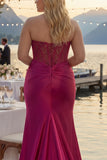 Sweetheart Burgundy Mermaid Beaded Corset Plus Size Long Prom Dress with Slit