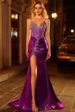Dark Purple Mermaid Beaded Corset Long Prom Dress with Slit