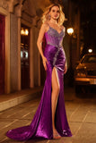 Dark Purple Mermaid Beaded Corset Long Prom Dress with Slit