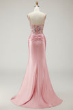 Blush Mermaid Spaghetti Straps Satin Sheer Corset Sequin Long Prom Dress with Slit