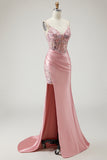 Blush Mermaid Spaghetti Straps Satin Sheer Corset Sequin Long Prom Dress with Slit