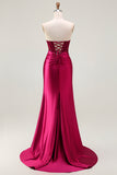 Burgundy Mermaid Strapless Corset Beaded Sequin Long Prom Dress with Slit