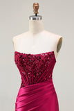 Burgundy Mermaid Strapless Corset Beaded Sequin Long Prom Dress with Slit