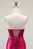 Burgundy Mermaid Strapless Corset Beaded Sequin Long Prom Dress with Slit
