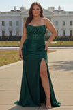 Dark Green Strapless Corset Sequins Mermaid Plus Size Long Prom Dress with Slit