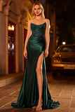 Dark Green Mermaid Strapless Corset Beaded Sequin Long Prom Dress with Slit