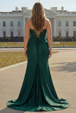 Dark Green Strapless Corset Sequins Mermaid Plus Size Long Prom Dress with Slit