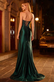 Dark Green Mermaid Strapless Corset Beaded Sequin Long Prom Dress with Slit