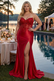 Red Mermaid Strapless Corset Beaded Long Plus Size Prom Dress with Slit