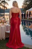 Red Mermaid Strapless Corset Beaded Long Plus Size Prom Dress with Slit