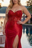Red Mermaid Strapless Corset Beaded Long Plus Size Prom Dress with Slit