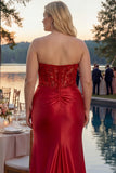 Red Mermaid Strapless Corset Beaded Long Plus Size Prom Dress with Slit