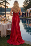 Red Mermaid Strapless Appliqued Corset Beaded Long Prom Dress with Slit