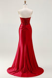 Red Mermaid Strapless Appliqued Corset Beaded Long Prom Dress with Slit
