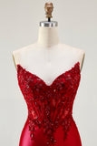 Red Mermaid Strapless Appliqued Corset Beaded Long Prom Dress with Slit