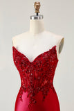 Red Mermaid Strapless Appliqued Corset Beaded Long Prom Dress with Slit