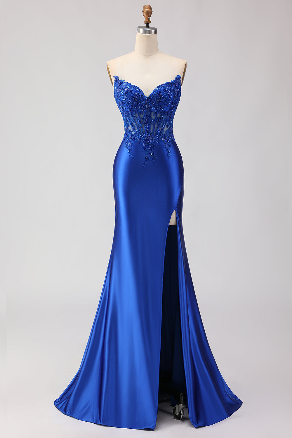 Zapaka Women Royal Blue Strapless Long Prom Dress with Beading Mermaid Corset Appliqued Satin Party Dress with Slit, Royal Blue / US24W Zapaka Women Royal Blue Strapless Long Prom Dress with Beading Mermaid Corset Appliqued Satin Party Dress with Slit, Royal Blue / US24W