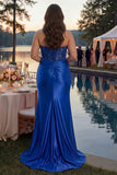 Red Mermaid Strapless Corset Beaded Long Plus Size Prom Dress with Slit
