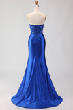 Royal Blue Strapless Mermaid Satin Corset Beaded Long Prom Dress with Slit