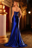 Royal Blue Mermaid Strapless Appliqued Corset Beaded Long Prom Dress with Slit