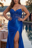 Red Mermaid Strapless Corset Beaded Long Plus Size Prom Dress with Slit