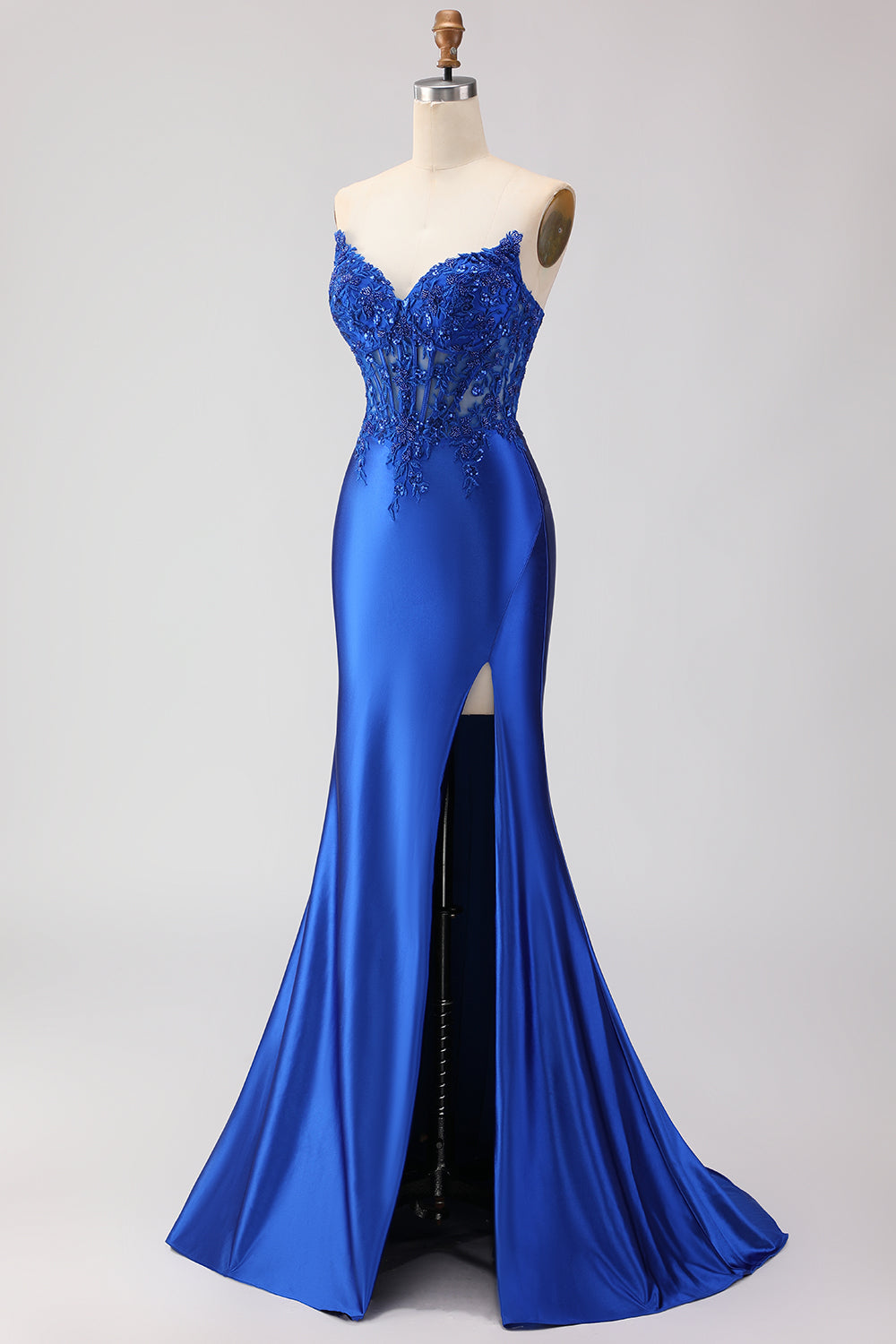 Zapaka Women Royal Blue Strapless Long Prom Dress with Beading Mermaid Corset Appliqued Satin Party Dress with Slit, Royal Blue / US24W Zapaka Women Royal Blue Strapless Long Prom Dress with Beading Mermaid Corset Appliqued Satin Party Dress with Slit, Royal Blue / US24W