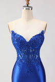 Royal Blue Strapless Mermaid Satin Corset Beaded Long Prom Dress with Slit