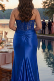 Red Mermaid Strapless Corset Beaded Long Plus Size Prom Dress with Slit