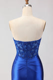 Royal Blue Strapless Mermaid Satin Corset Beaded Long Prom Dress with Slit