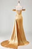 Golden Mermaid Off the Shoulder Beaded Pleated Satin Long Prom Dress with Slit