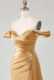 Golden Mermaid Off the Shoulder Beaded Pleated Satin Long Prom Dress with Slit