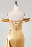 Golden Mermaid Off the Shoulder Beaded Pleated Satin Long Prom Dress with Slit