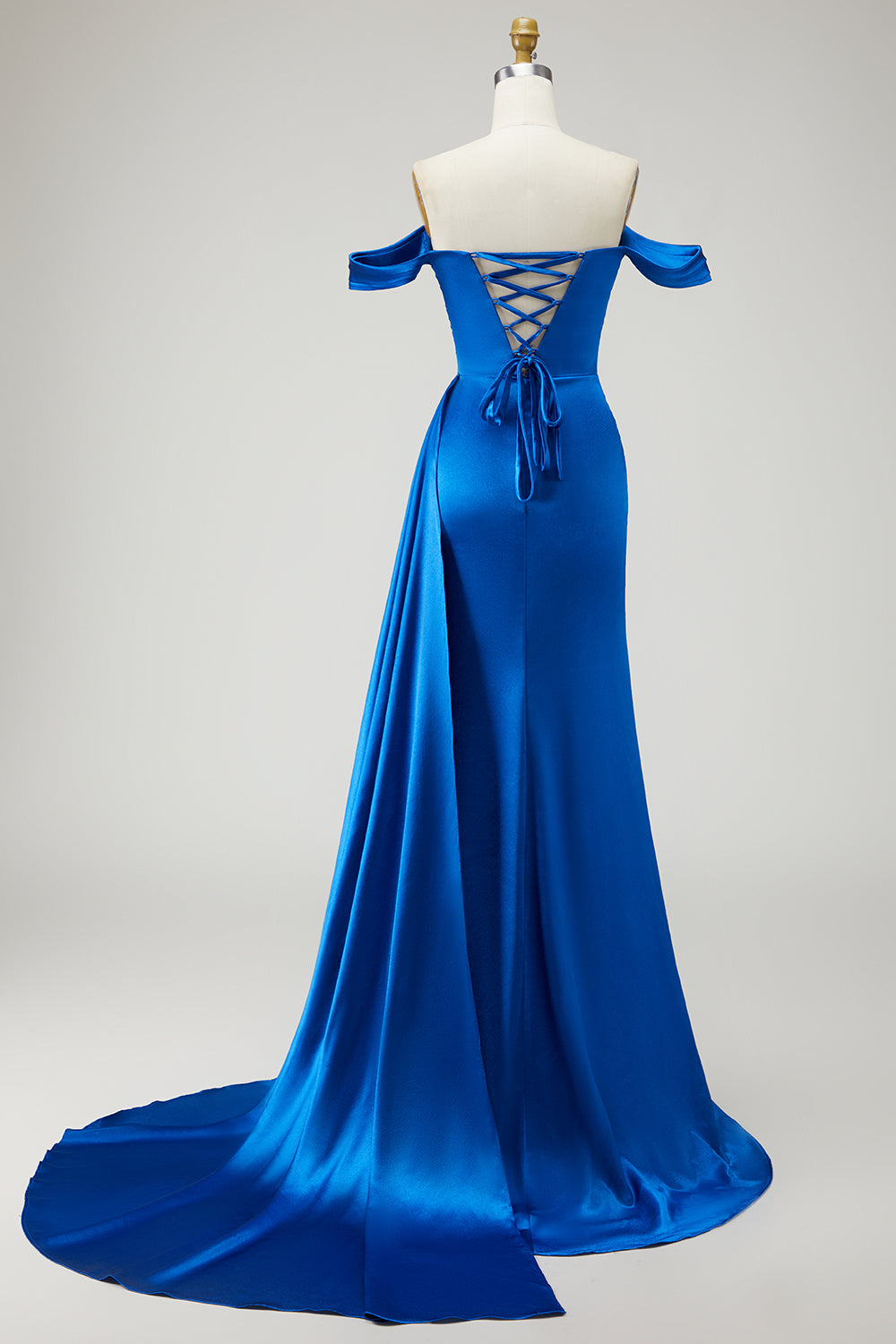 Zapaka Women Royal Blue Long Prom Dress with Slit Mermaid Off the Shoulder Beaded Pleated Lace Up Back Satin Formal Dress with Side Drape ZAPAKA Zapaka Women Royal Blue Long Prom Dress with Slit Mermaid Off the Shoulder Beaded Pleated Lace Up Back Satin Formal Dress with Side Drape ZAPAKA